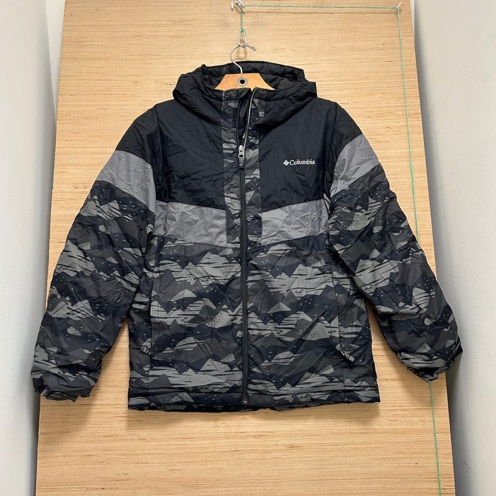 Columbia Boys L 14/16 Hooded Puffer Jacket Black Gray Mountain Camo Insulated